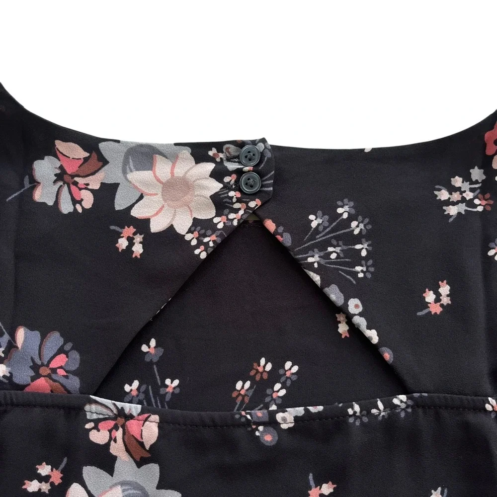LOFT Women's S Black Pink Floral Bouquet Long Sleeve Cutout Casual Career Blouse